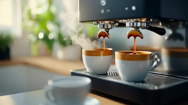 Espresso machine brewing coffee into cups. Close-up of automatic coffee maker pouring fresh espresso. Home barista equipment for morning cappuccino or latte
