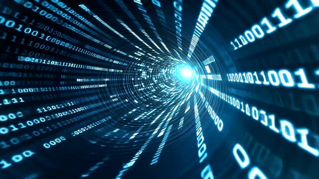 Abstract representation of a digital tunnel with binary code flowing, symbolizing data transfer