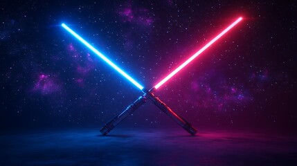 Futuristic illustration featuring two glowing neon swords crossed against a vibrant cosmic background