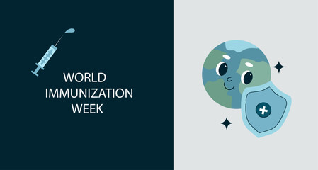 Smiling cartoon earth globe holding syringe and shield.  World immunization week, vaccination campaign benefit for public health protection concept.
