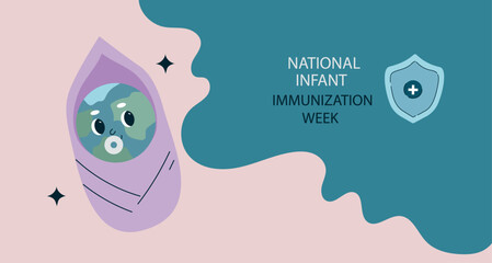 Smiling earth globe character.  National infant immunization week, vaccination campaign benefit for public health protection concept. vector cartoon illustration