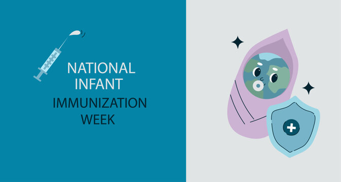 Smiling earth globe character.  National infant immunization week, vaccination campaign benefit for public health protection concept. vector cartoon illustration