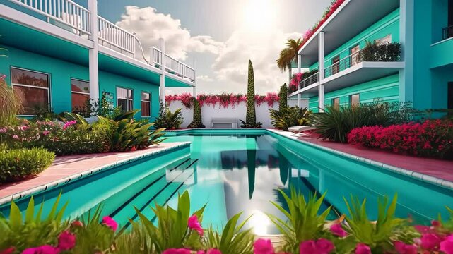 Summer hotel with pool in vaporwave style, pink and blue colors