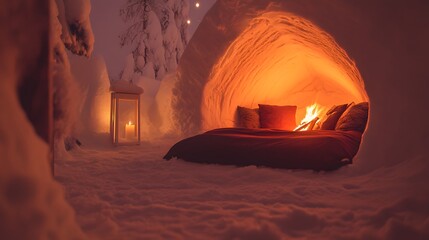 A cozy igloo under the northern lights in Finland, with a warm fire glowing inside