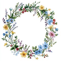 Obraz premium A beautiful floral wreath design featuring colorful flowers and greenery, perfect for celebrations and invitations.
