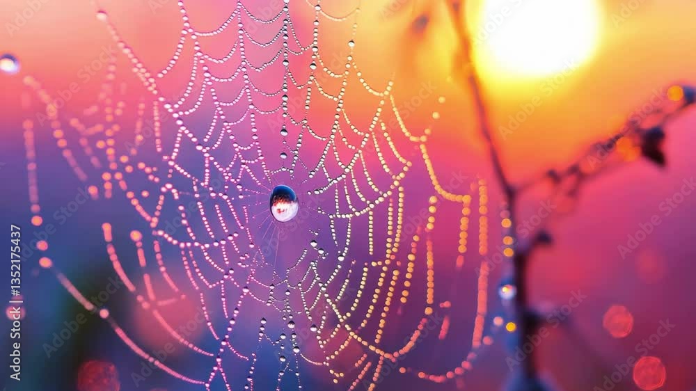 Poster a spider web adorned with droplets of dew catches the light of the rising sun, creating a colorful v