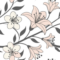 Elegant Floral Branch with Pink Lilies and White Flowers Seamless Pattern Design