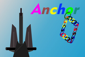 Vector illustration of anchor, text, colorful chain link on a sea blue background.