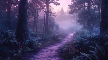 Obraz premium Mystical path winding through a fern-filled forest bathed in soft, ethereal hues of pink and purple, creating a serene and dreamy ambiance.