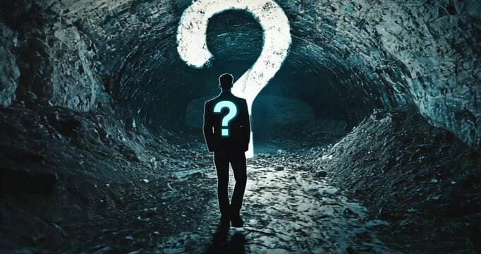 Man facing mystery in cave, question mark, conceptual