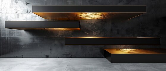Modern architectural abstract artwork floating black panels edged radiant gold depth of layers creates striking three dimensional effect while gold highlights exude air of exclusivity sophistication