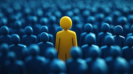 Yellow Figure Standing Among Blue Crowd