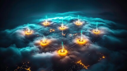 City above clouds, glowing lights