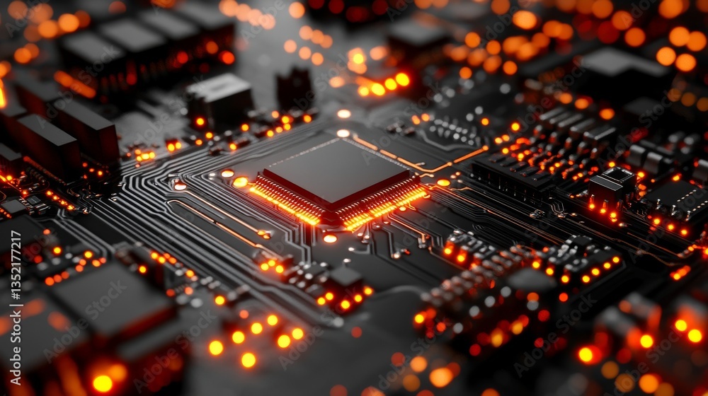 Poster an up-close image of a circuit board with a central processing unit, highlighted by vivid orange lig