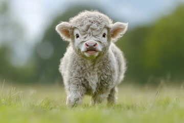 Fototapeta premium A fluffy adorable calf is walking through a green pasture happily