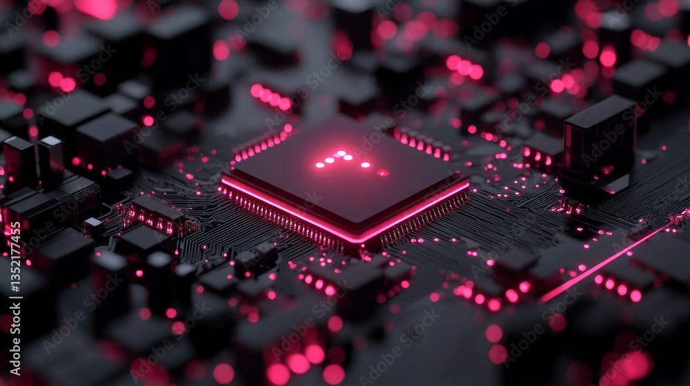 Poster a zoomed-in shot of a circuit board displaying a central processing unit, accentuated by glowing ora