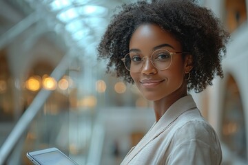 Obraz premium Confident young professional woman with glasses holding a tablet indoors