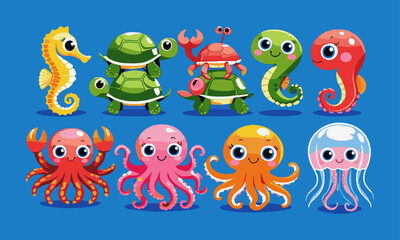 A modern vector-style illustration of six cute sea creatures on a blue background, easy to edit. 