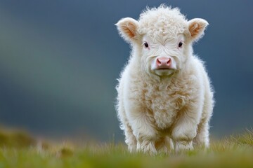 Fototapeta premium A Cute Fluffy Calf Standing on Green Grass in Daytime