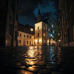 Obraz premium Night scene in an old European city with illuminated buildings and a cobblestone street reflecting the lights, creating a moody atmosphere.