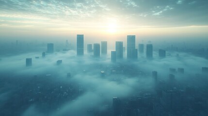 City skyline rising above morning mist. Aerial view of skyscrapers. Stock photo