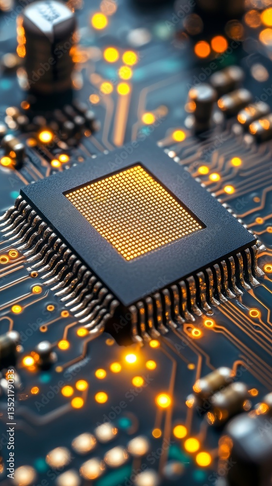 Poster an up-close look at a circuit board, highlighting a glowing microchip among intricate electronics an
