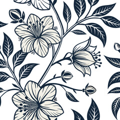 Elegant Floral Seamless Pattern Dark Blue and Beige Flowers and Leaves Design