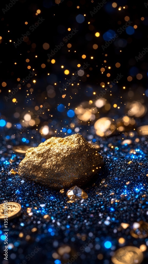 Poster an intimate image of a luminous golden mineral, surrounded by shimmering particles, creating a visua