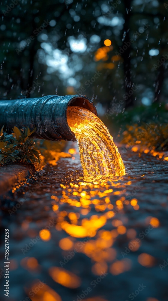 Poster a focused image of a metallic piece with an illuminated interior, bordered by moving water, emphasiz