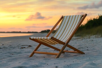 A classic canvas beach chair with stripes, positioned on a beach at dusk with soft pastel skies.