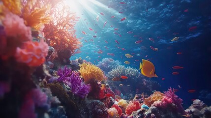 Underwater coral reef teeming with colorful fish. Sunlight rays. Possible use Educational material, Nature photography