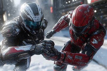 Two armored soldiers engage in a fierce battle in a snowy urban environment, showcasing advanced technology