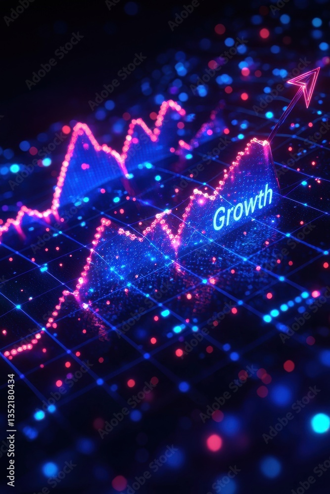 Poster digital display depicting futuristic growth analytics with neon arrows and charts