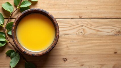 Fototapeta premium A wooden table with a bowl of orange-colored liquid, possibly a drink or soup, accompanied by green leaves which could suggest freshness or an ingredient.