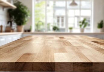 Wooden Countertop in Modern Kitchen with Plants and Natural Light