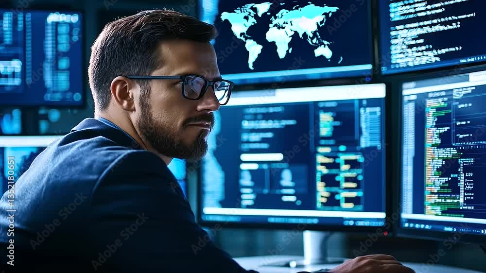 Poster cutting-edge cybersecurity command center bustling with activity.