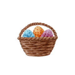 Watercolor illustration of a woven brown basket with colorful easter eggs