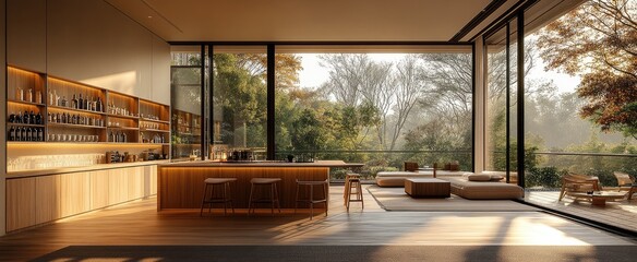 Modern luxury home bar with light wood and glass, surrounded by greenery, built-in shelves with premium wine bottles, open-air living space, forest view, Bar counter