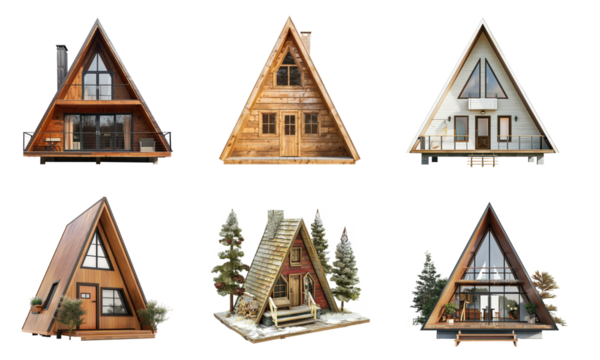 Collection of A-Frame House front view full length isolate on transparency background - Powered by Adobe