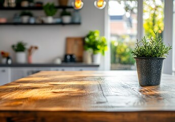 Rosemary Plant on Rustic Wooden Table in Bright Kitchen Setting