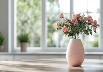 Pink Roses in Vase on Wooden Table Near Window Interior