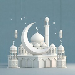 3d isometric mosque sunset sky moon holy night Islamic night and silhouette mosque Islamic wallpaper