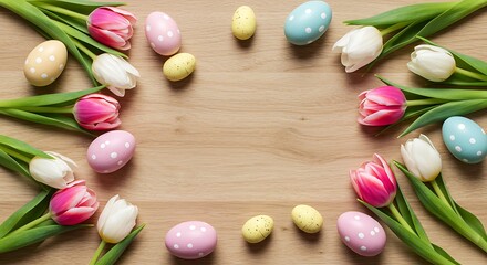 Easter eggs and tulips on wood background spring holiday decoration concept