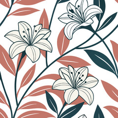 Elegant Lily Flower Seamless Pattern Design Botanical Illustration White Background Floral Texture