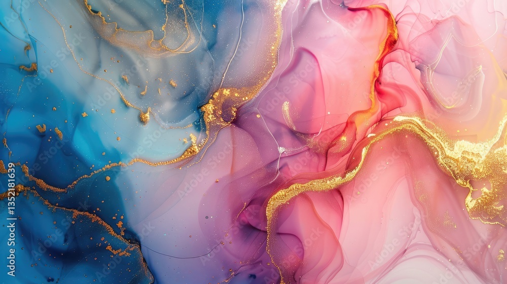 Poster the close up abstract picture of the blue and pink colour mixing each other with gold color inside m