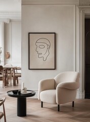 Interior design features abstract art and comfortable seating arrangements