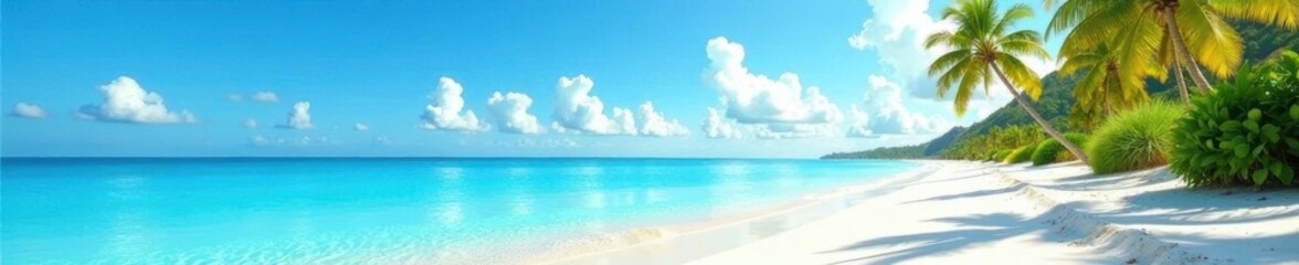 Azure water laps white sand, palm trees sway in gentle breeze, sun, travel, thailand