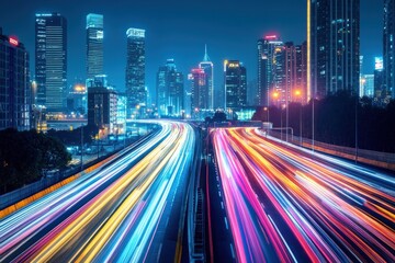 Fototapeta premium Illuminated Cityscape Showcasing Highway Traffic Trails At Night