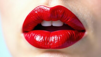 Obraz premium Close-up vibrant red lipstick, stark white backdrop, beauty product, glossy