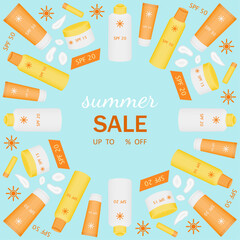 Summer background with sun protection products. Vector illustration. Square frame with text summer sale on blue background. Sunscreen for face and body with SPF and UV. Lip balm and cream smears.